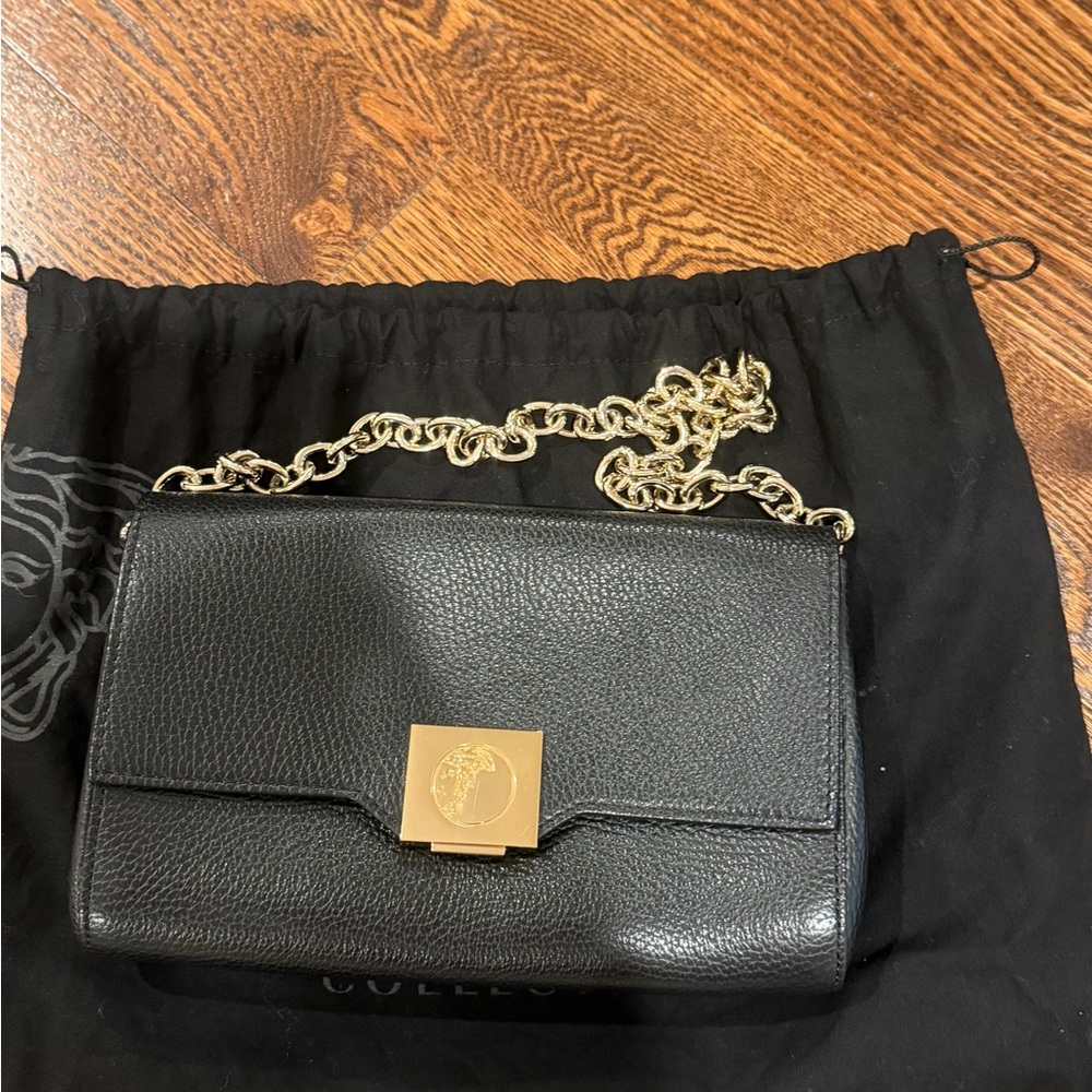 Versace Black Leather Shoulder Bag with Gold Chain